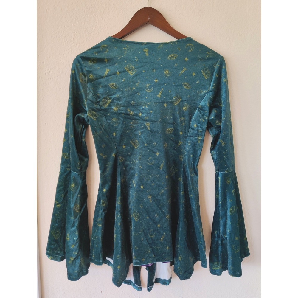 Disney Her Universe Hocus Pocus Teal Velvet Lace Up Bell Sleeve Corset Top M - Picture 2 of 7